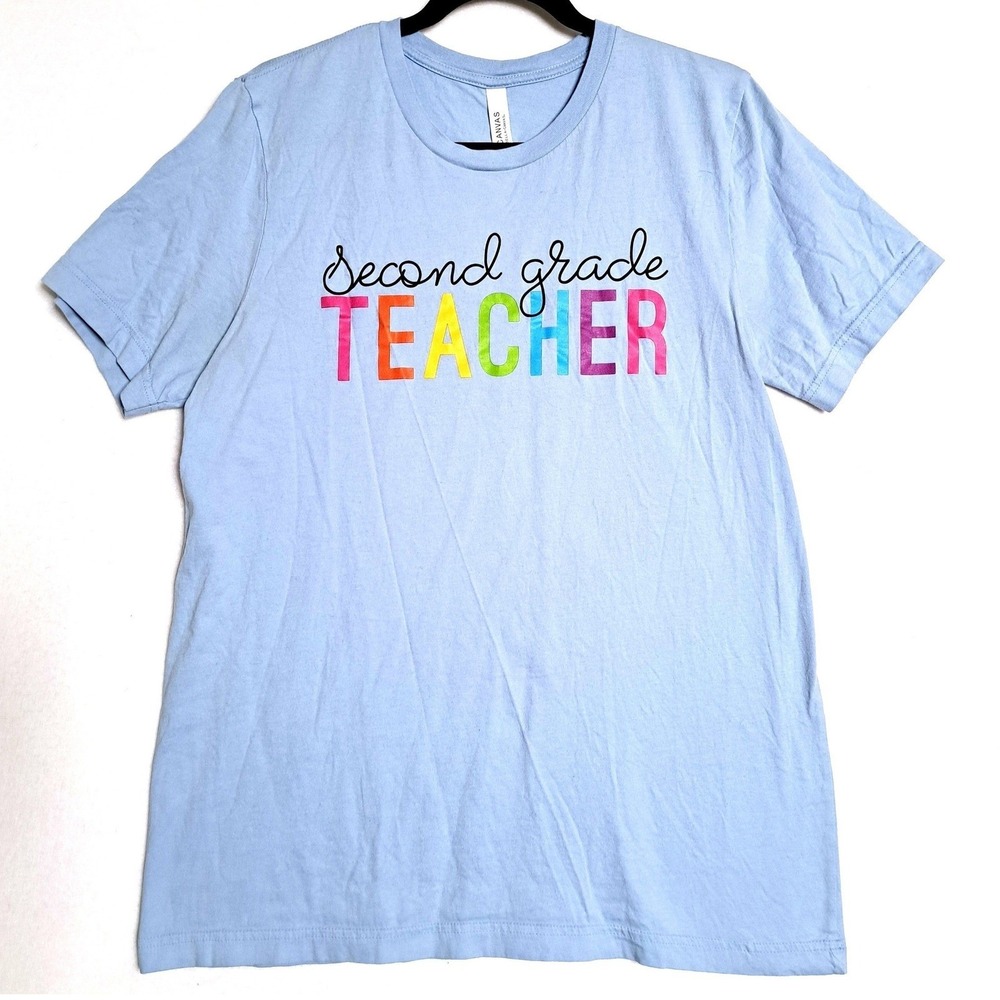 Bella Canvas Second Grade Teacher Graphic Tee Womens Large Blue Rainbow‎ Crew